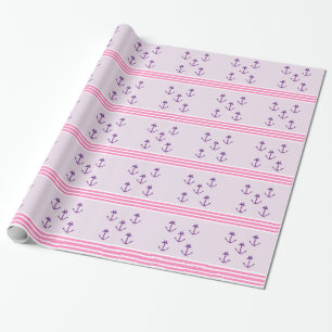 Papier Cadeau Ancres nautiques violettes et rayures roses