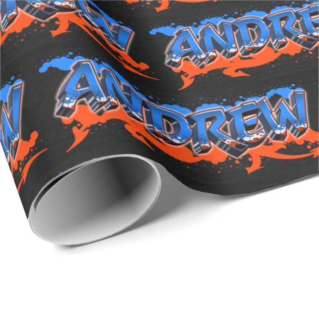 Papier Cadeau Andrew Vorname Name Graffiti blue orange (Coin rond)