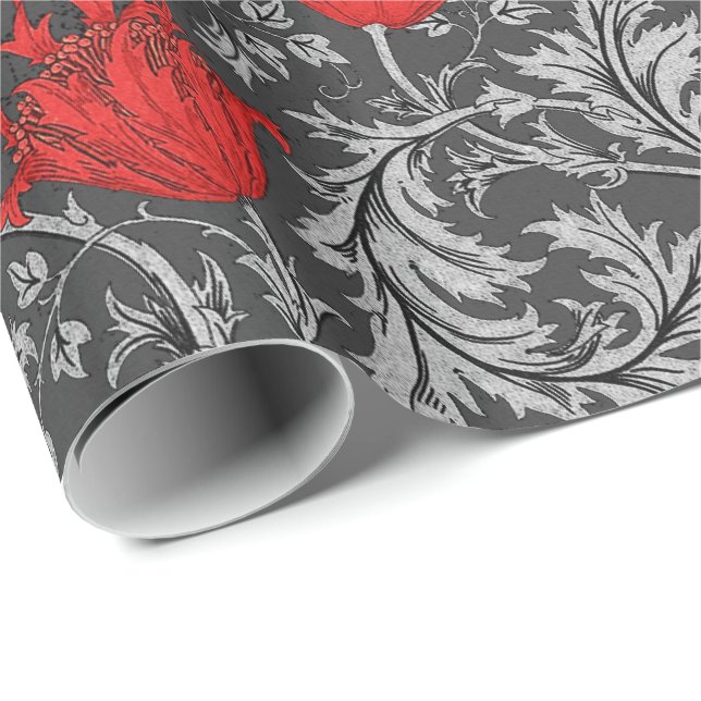 Papier Cadeau Anémone de William Morris, gris/gris et rouge (Coin rond)
