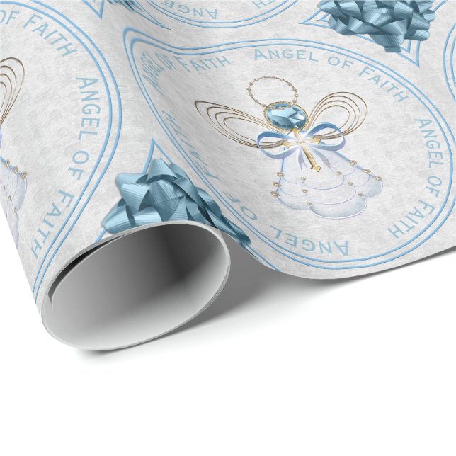 Papier Cadeau Ange de Noël de la Foi Bleu et Filigree d'or (Coin rond)