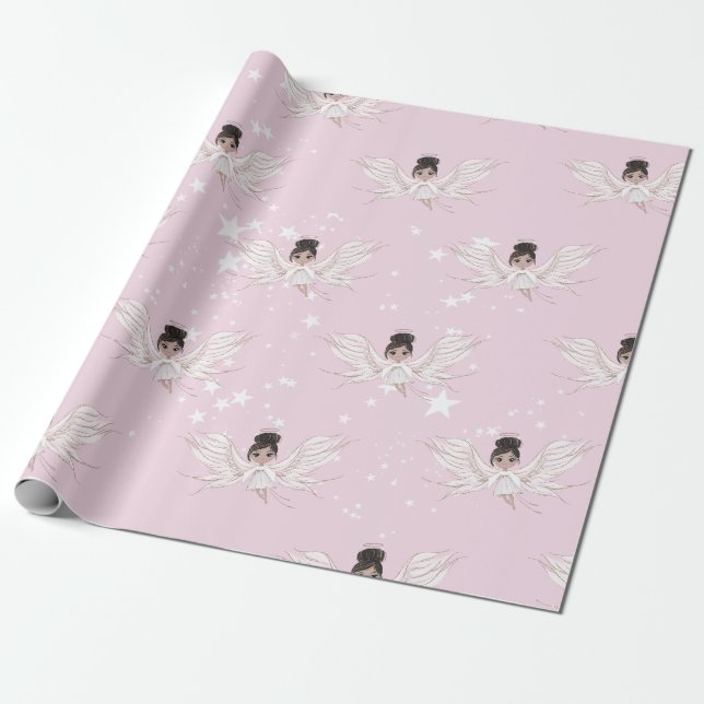 Papier Cadeau Ange de Noël Etoiles de cheveux foncés rose mignon (Déroulé)