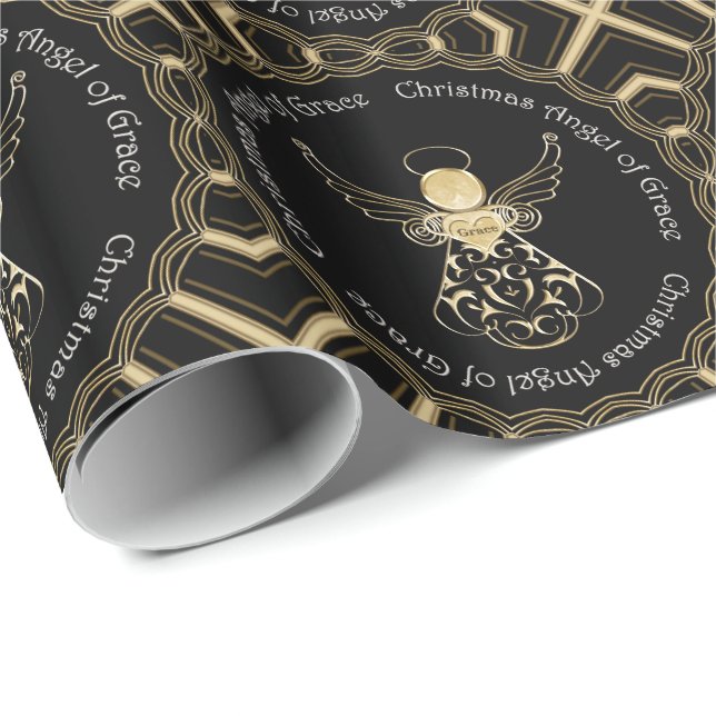 Papier Cadeau Ange de Noël noir et or de Grace Filigree (Coin rond)