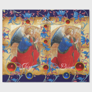PAPIER CADEAU ANGE EN ROUGE, OR, PARCHEMENT FLORAL BLEU AVEC GEM