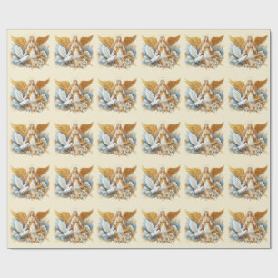 Papier Cadeau Ange Gardien Doré Avec Oiseau Blanc