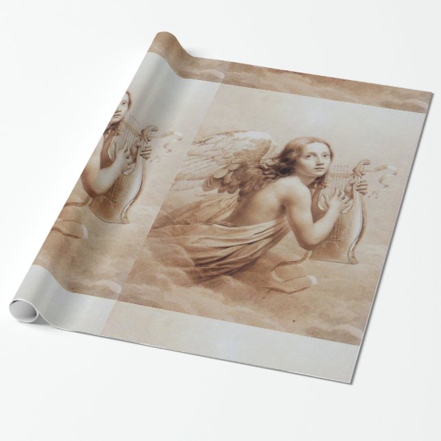 Papier Cadeau ANGE JOUANT LYRA AU-DESSUS du brun de NUAGES (Déroulé)