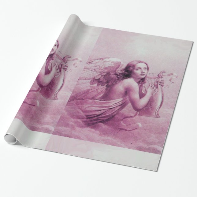 Papier Cadeau ANGE JOUANT LYRA AU-DESSUS du fuchsia rose de (Déroulé)