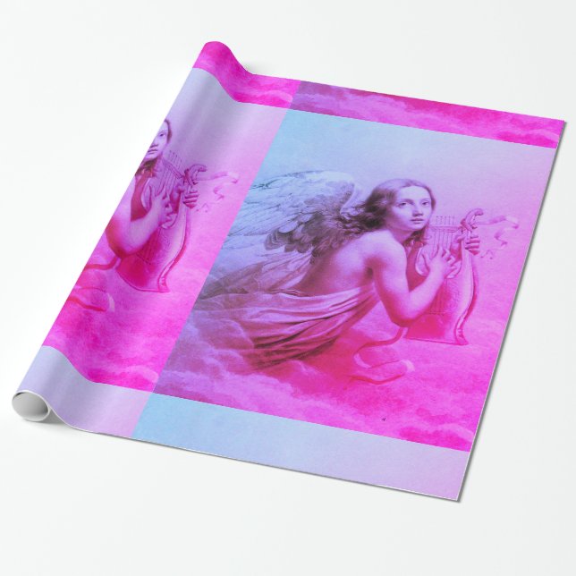 Papier Cadeau ANGE JOUER LYRA SUR LES NUAGES Bleu rose (Déroulé)