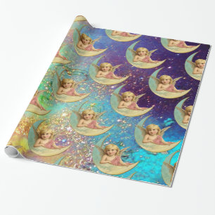 PAPIER CADEAU ANGE LUNE EN ROSE, PARKLES JAUNES D'OR BLEU