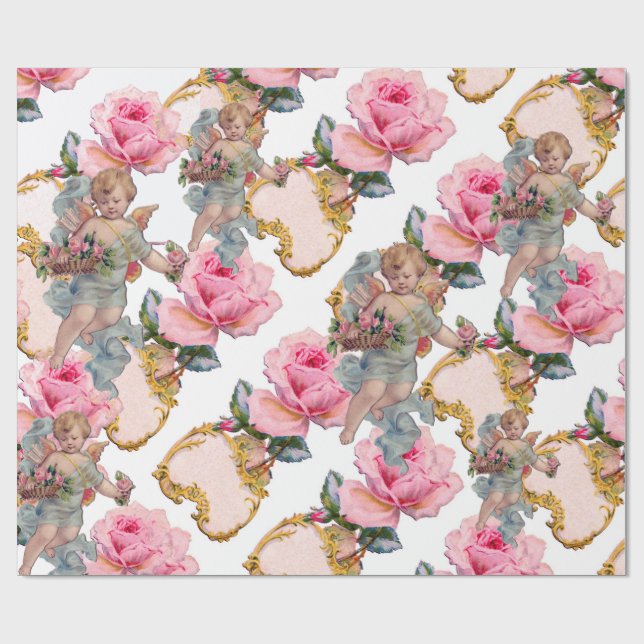 PAPIER CADEAU ANGE ROMANTIQUE RASSEMBLANT DES ROSES ROSES ROSES  (Plat)