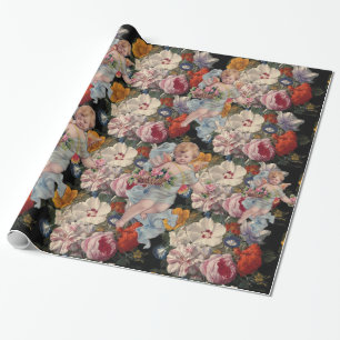 PAPIER CADEAU ANGE ROMANTIQUE RASSEMBLANT ROSES ET FLEURS ROSES