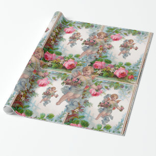 PAPIER CADEAU ANGE ROMANTIQUE RASSEMBLANT ROSES ET FLEURS ROSES 
