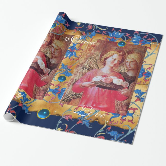PAPIER CADEAU ANGEL AVEC ROSES, PARCHEMENT FLORAL BLEU DE NOËL (Déroulé)