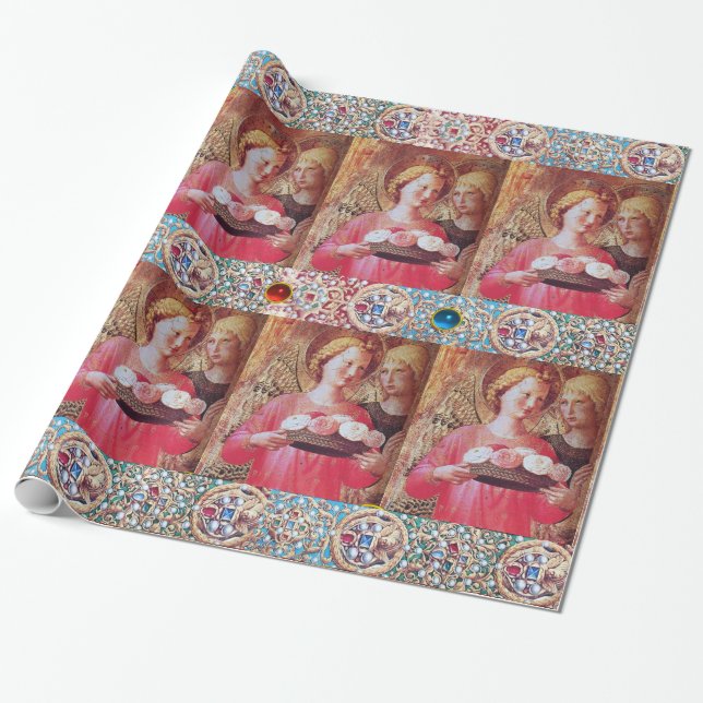 PAPIER CADEAU ANGEL AVEC ROSES, PIERRES BLEU ROUGE, PIERRES BLAN (Déroulé)