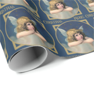 Papier Cadeau Angel Cherub Joyeux Noël Or bleu