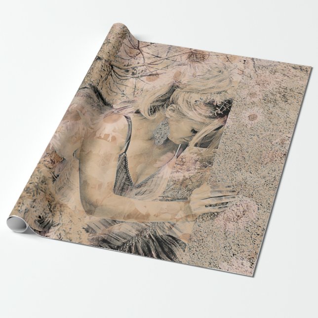 Papier Cadeau Angel Elegant Boho Floral Sepia Antique (Déroulé)