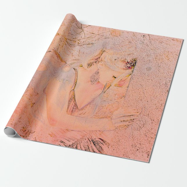 Papier Cadeau Angel Elegant Rose Or Pêche Florale Antique (Déroulé)