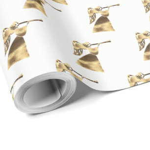 Papier Cadeau Angel jouant Trumpet Gold Blanc Noël
