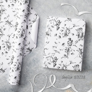 Papier Cadeau Anges Cupid Vintage Floral Toile Noir Blanc