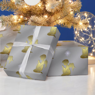 Papier Cadeau Anges de Noël En Or Sur Argent