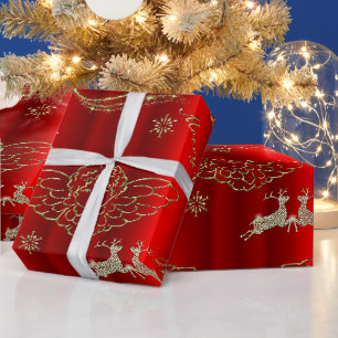 Papier Cadeau Anges d'or et Noël rouge cerf mousseux