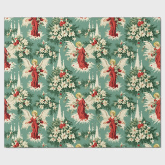 Papier Cadeau Anges et fleurs de Noël rétro