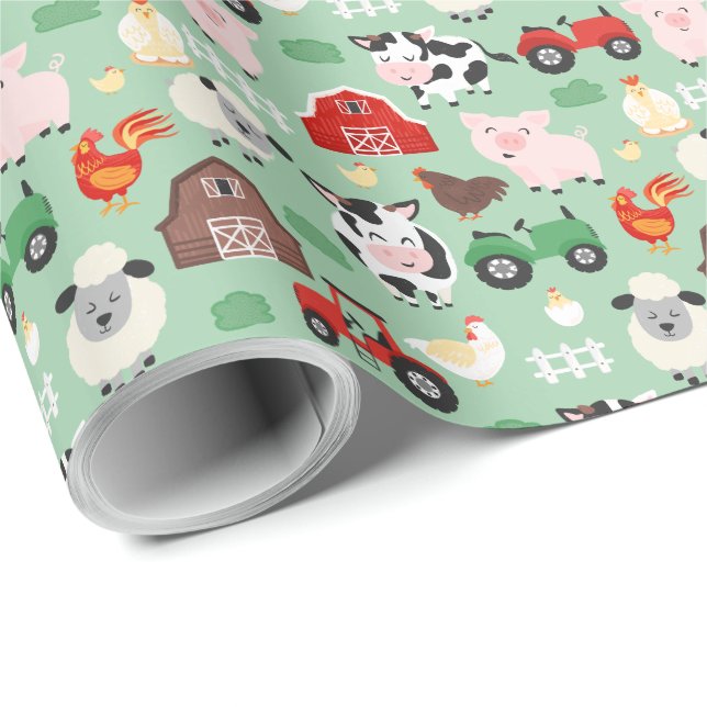 Papier Cadeau Animal de ferme Cow Cog Grange Tracteur Anniversai (Coin rond)