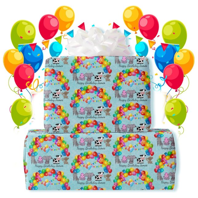 Papier Cadeau Animal Friends Birthday Balloons Ajouter Nom de l' (Créateur téléchargé)