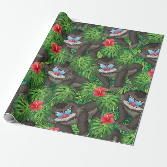 Papier Cadeau Animal sauvage de babouin dans la jungle tropicale (Déroulé)