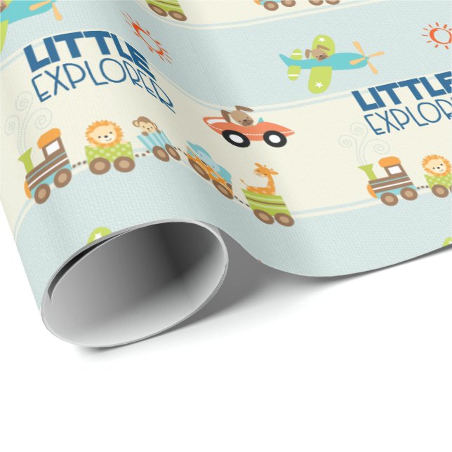 Papier Cadeau Animal Toy Train Voiture et avion sur Stripes (Coin rond)