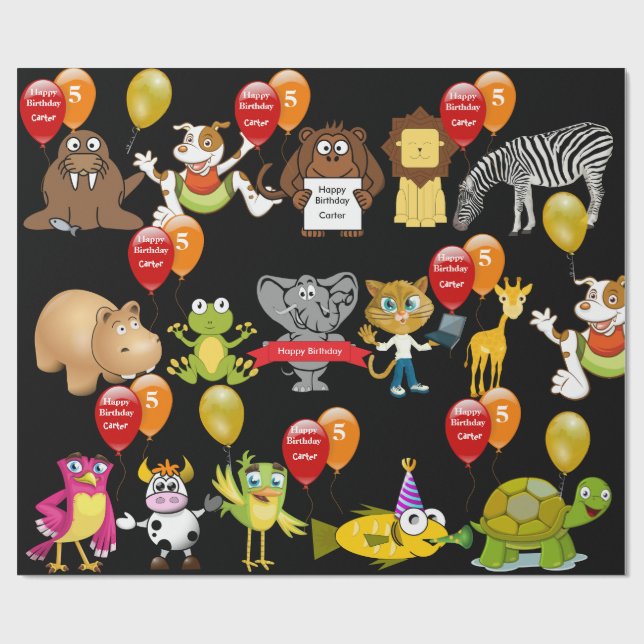 Papier Cadeau Animaux Anniversaire avec nom et âge Anniversaire (Plat)