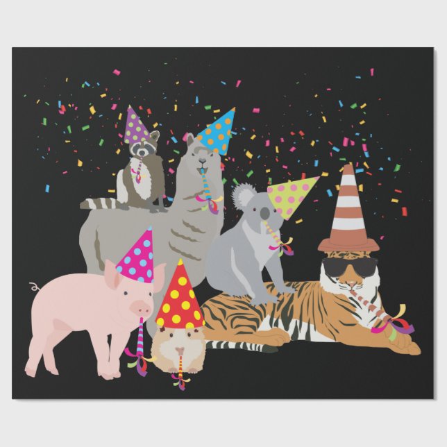 Papier Cadeau Animaux - Beaux animaux ayant une fête (Plat)