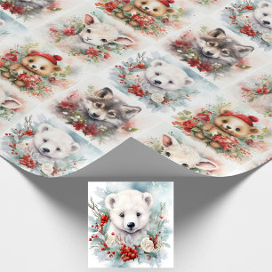 Papier Cadeau Animaux Bébés Mignons De Noël Ours Polaire Agneau 
