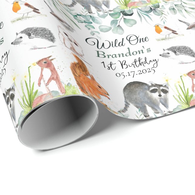 Papier Cadeau Animaux boisés mignons 1er Anniversaire sauvage un (Coin rond)