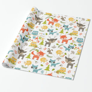 Papier Cadeau Animaux colorés et bois Motif de feuillage