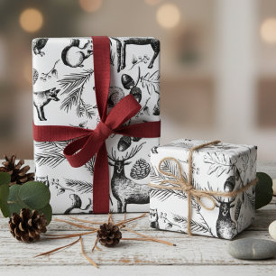 Papier Cadeau Animaux de bois noirs et blancs modernes dessinés 