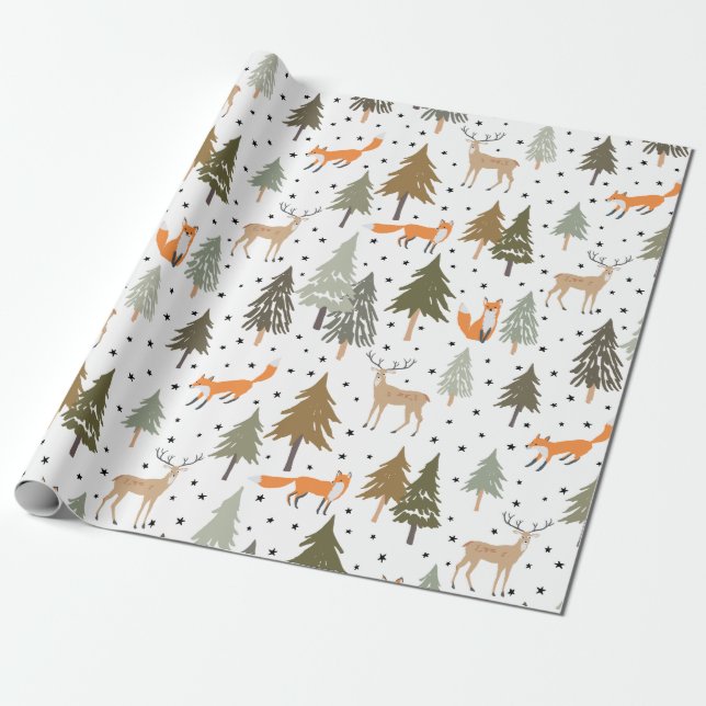Papier Cadeau Animaux de bois Renard Enveloppement de cerfs Feui (Déroulé)