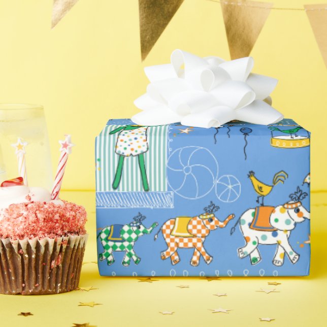 Papier Cadeau Animaux de cirque sur papier d'enveloppement bleu (Fête d'anniversaire)