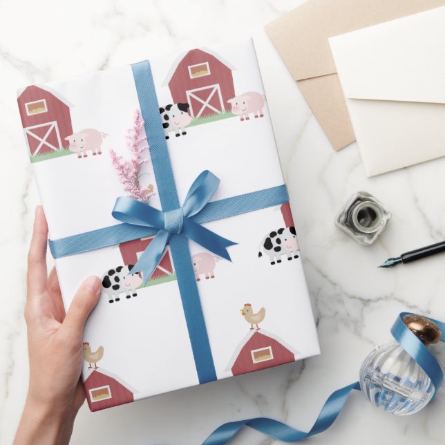 Papier Cadeau Animaux de ferme et Motif de grange blanc (Cadeaux)