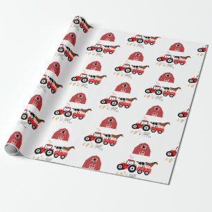 Papier Cadeau Animaux de ferme et tracteur rouge Motif Barnyard