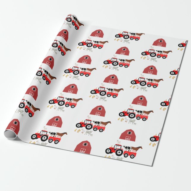 Papier Cadeau Animaux de ferme et tracteur rouge Motif Barnyard (Déroulé)