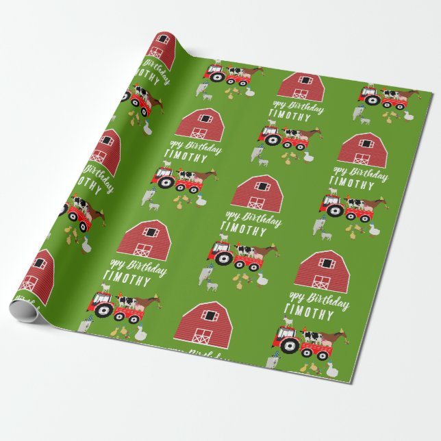 Papier Cadeau Animaux de ferme et tracteur rouge Thème de fête d (Déroulé)