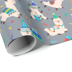 Papier Cadeau Animaux de fête Lama Anniversaire Gris