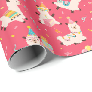 Papier Cadeau Animaux de fête Lama Anniversaire Rose
