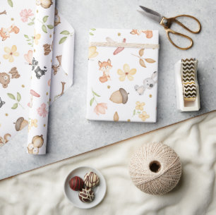 Papier Cadeau Animaux de la forêt aquarelle blanche