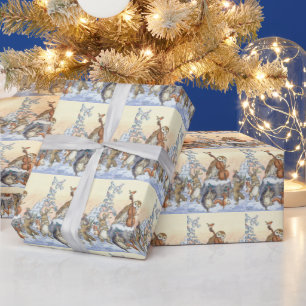Papier Cadeau Animaux de la forêt dansant à Noël par Molly Brett