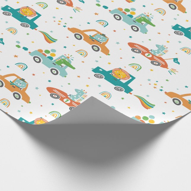 Papier Cadeau Animaux de la Jungle mignons en voitures avec arc- (Coin)