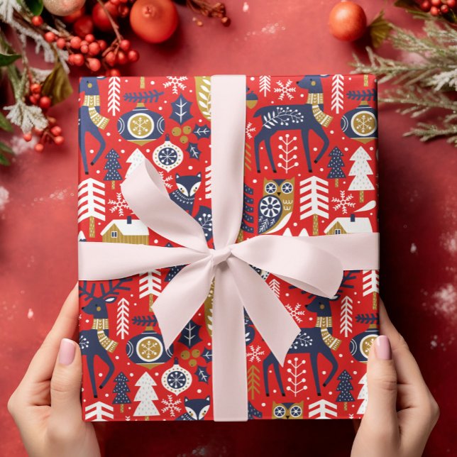 Papier Cadeau Animaux de Noël en bois, Style scandinave (Créateur téléchargé)