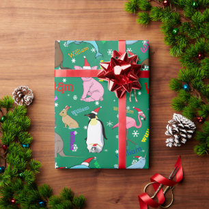 Papier Cadeau Animaux de Noël mignons personnalisés en chapeaux 