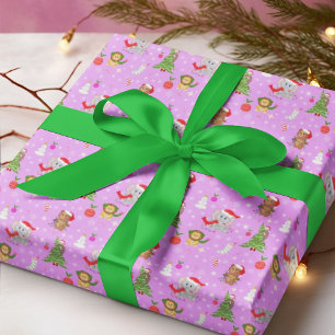 Papier Cadeau Animaux de zoo bébé célébrant Noël Rose 
