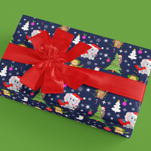Papier Cadeau Animaux de zoo de Noël en bleu marine (Créateur téléchargé)
